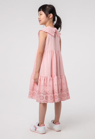 Embroider Stripe Ruffle Tiered Sleeveless Dress