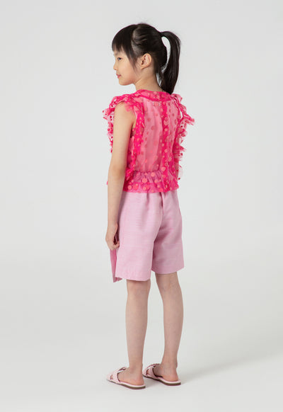 Polka Dot Flocked Mesh Side Ruffles Blouse