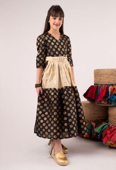 Pleated Overlay Jacquard Dress