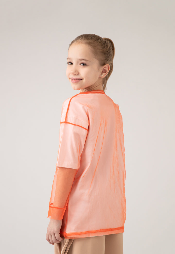 Arabic Text Jersey Tulle Overlay Blouse