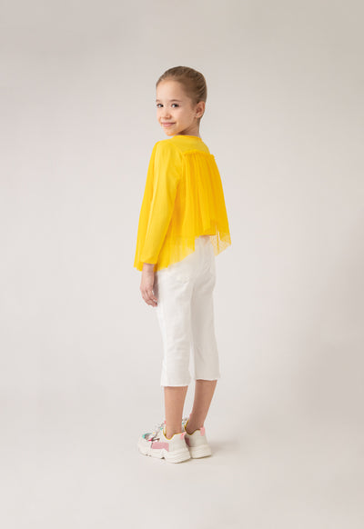 Ruffle Neckline Tulle Overlay Blouse