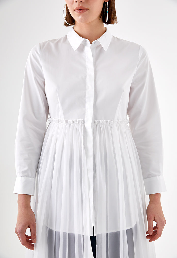 White Long Pleated Overlay Shirt