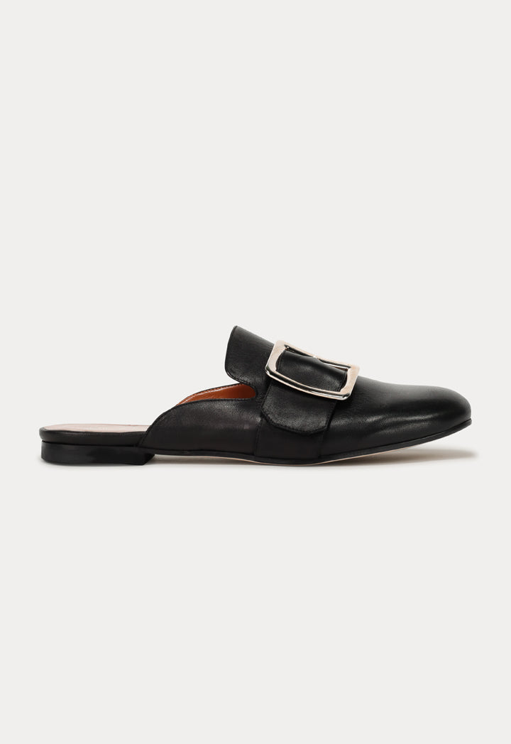 Round Toe Buckled Flat Mules