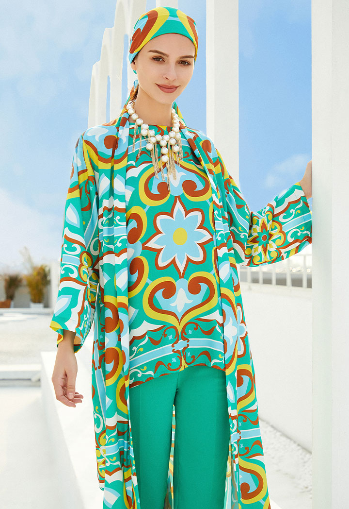 Printed Satin With Jersey Back Tunic Blouse