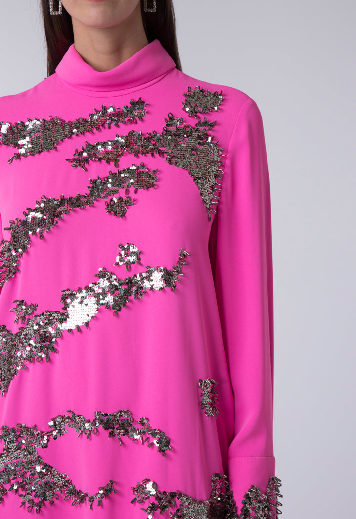 High Neckline Sequin Details Dress