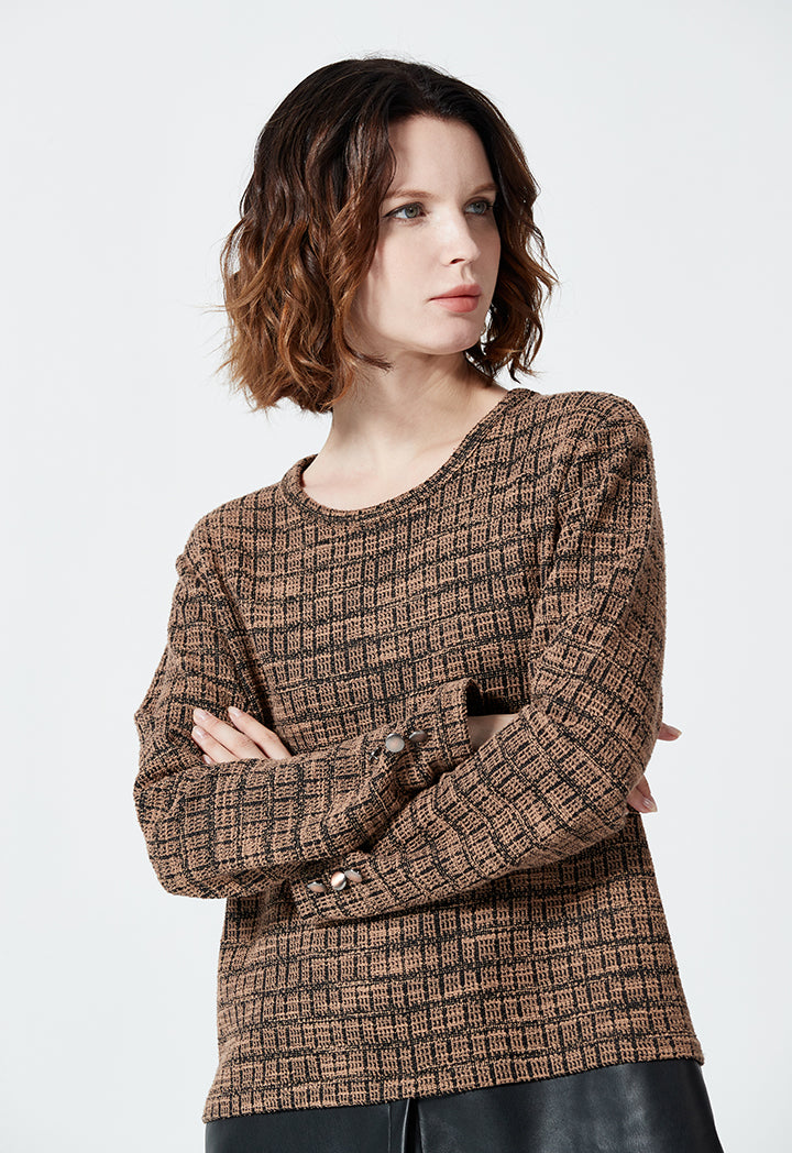 PU Hem Contrast Tweed Blouse