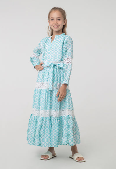 Printed Embroider Tier Long-Sleeves Dress