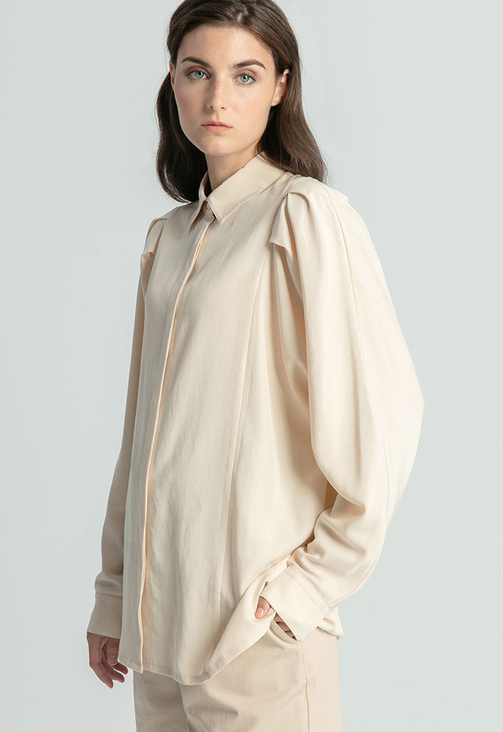 Pleated Balloon Sleeve Single Tone Shirt