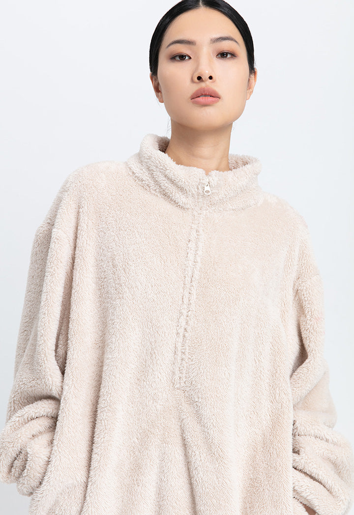 Oversized Hem Drawstring Faux Fur Blouse