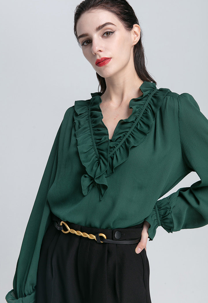 V-Neck Ruffled Single Tone Blouse