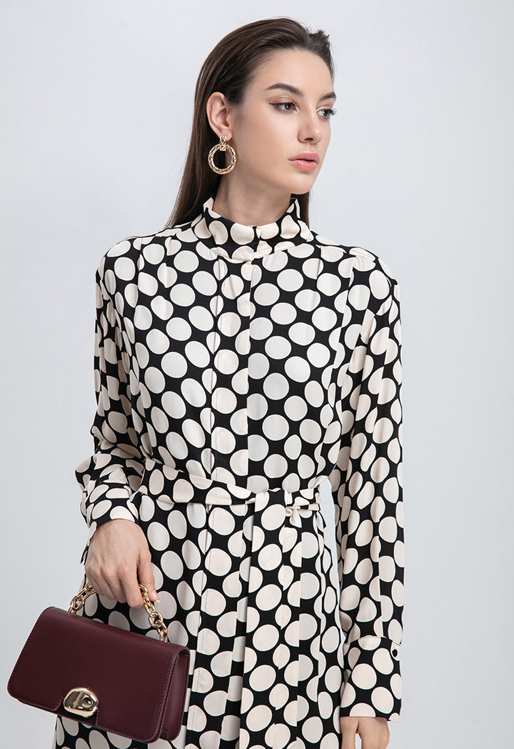 Polka-Dot Stand Collar Concealed Button Placket Dress