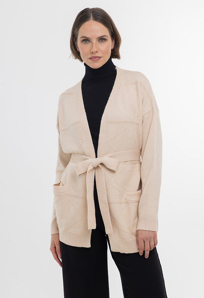 Textured Knitted Open Cardigan With Self-Tie Waist Band