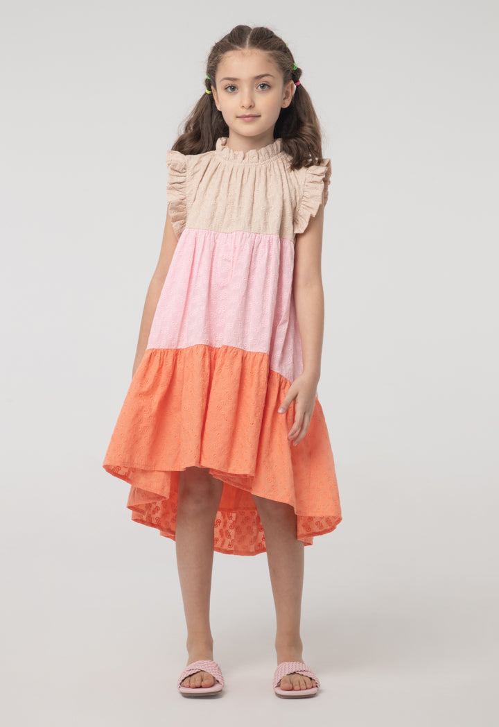 Frill Trim Ruffle Neck Colorblock Sleeveless Dress