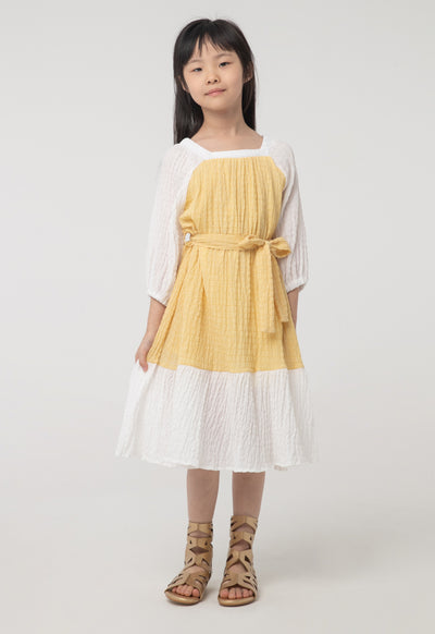 Seersucker Color blocking Long-Sleeves Dress
