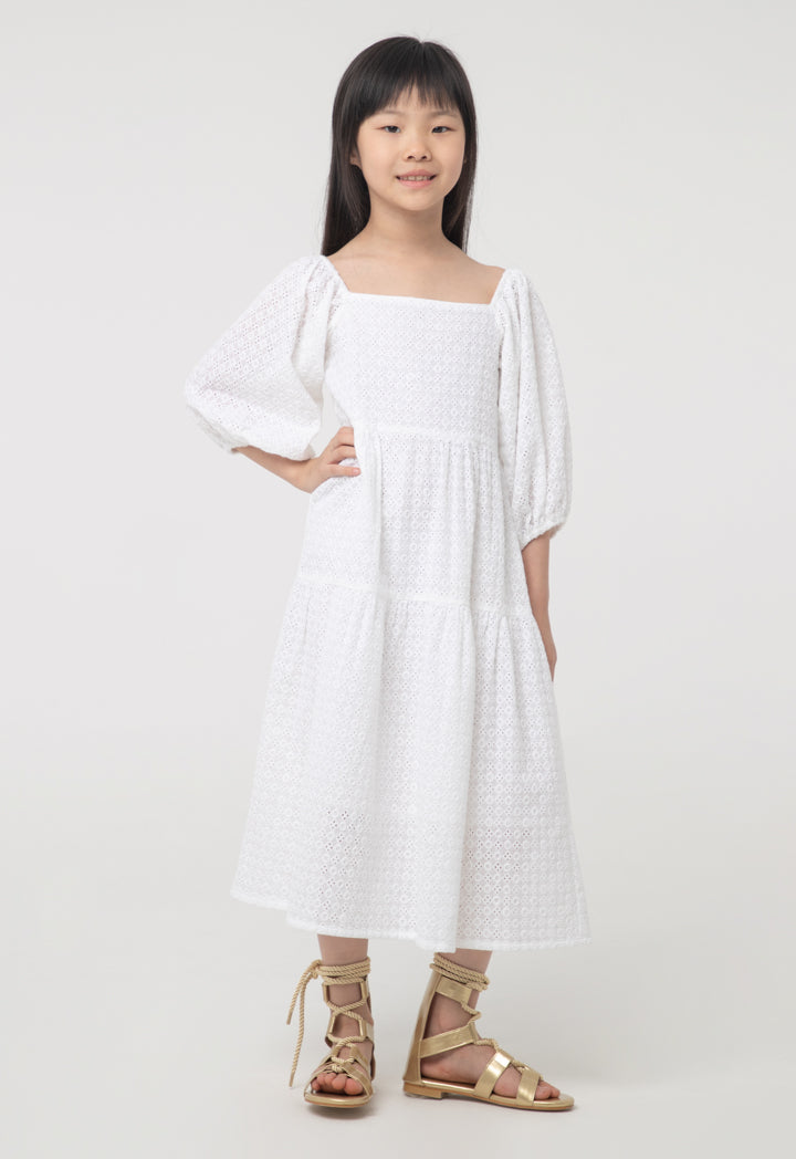 Solid Puff Eyelet Lace Fabric Dress