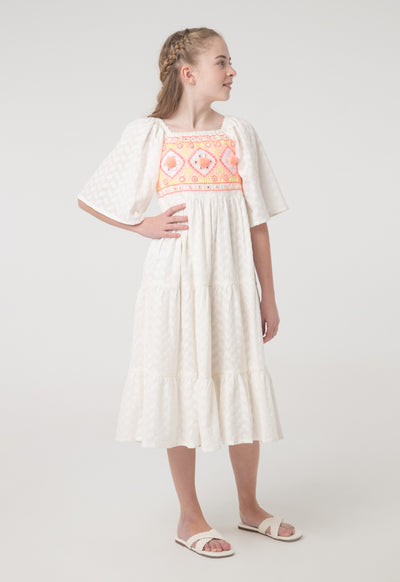 Embroidered Cold Shoulder Tiered Dress