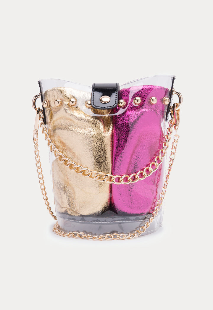 Transparent Bucket Bag With Metallic Pouch