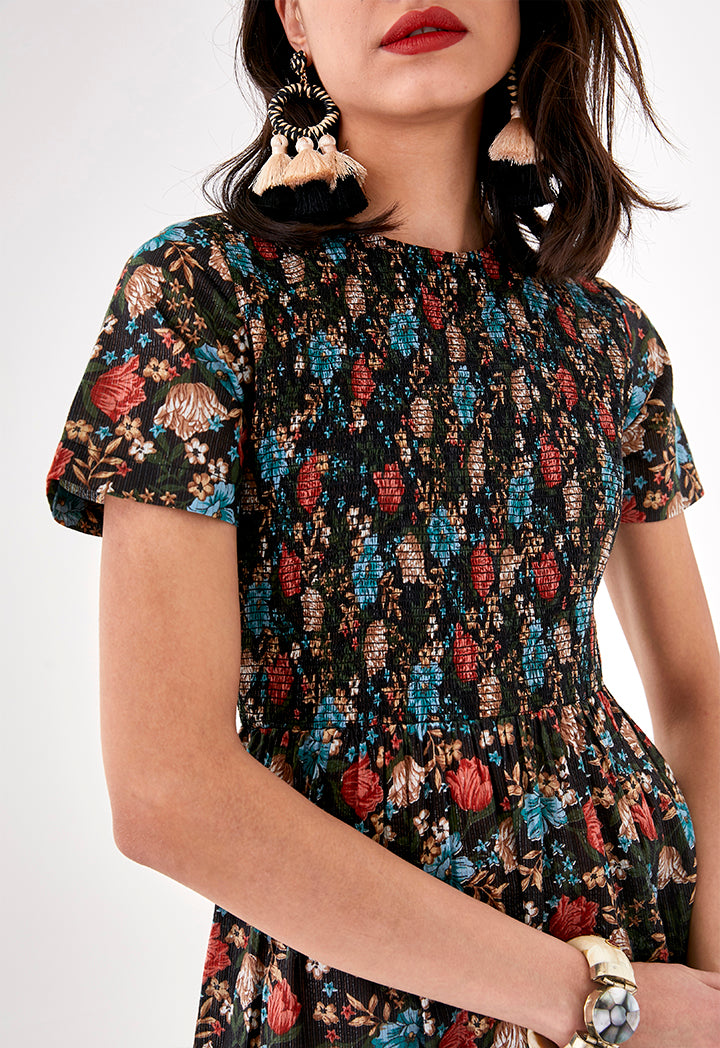 Floral Print Shirring Detail Dress