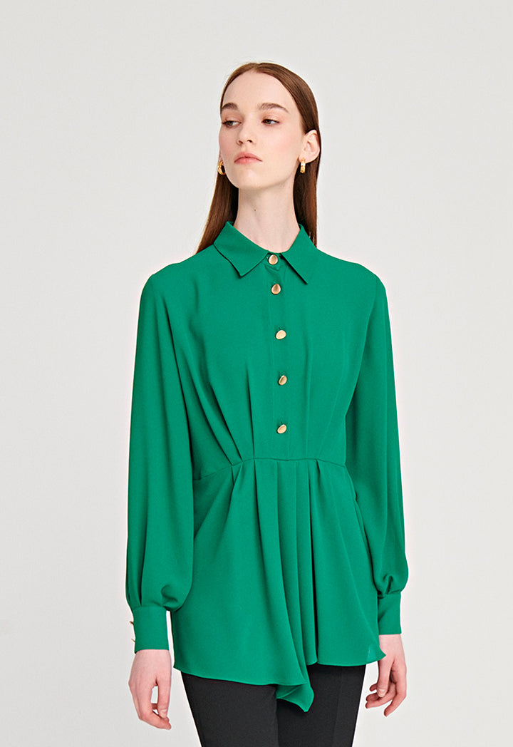 Pleated Asymmetrical Contrast Button Blouse