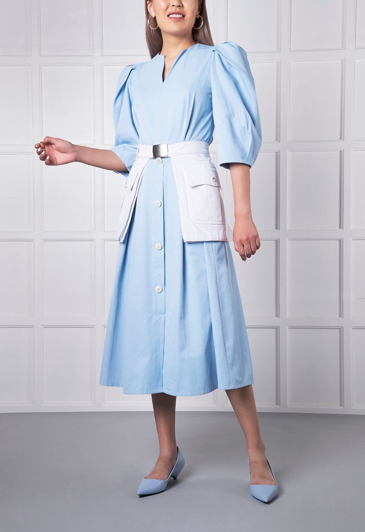 Pleated Puff Sleeve Button Down Dress