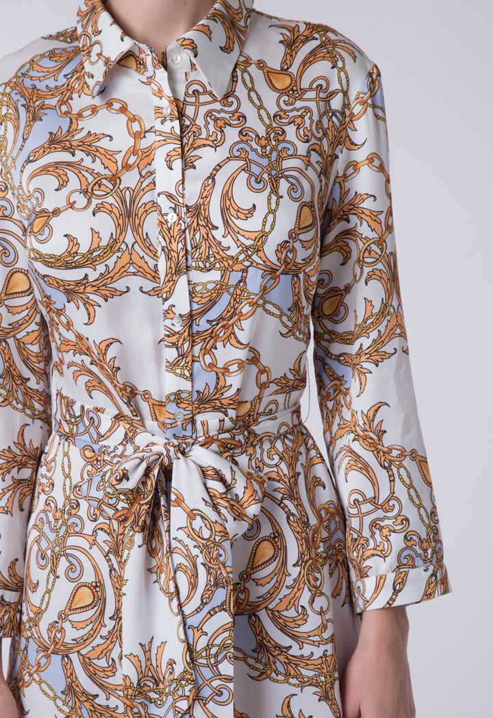 baroque print shirt dress Black Baroque Print Belted Shirt Dress
