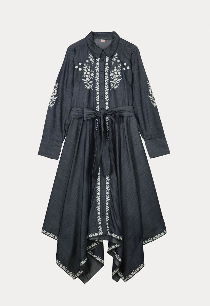 Contrast Embroidered Denim Dress