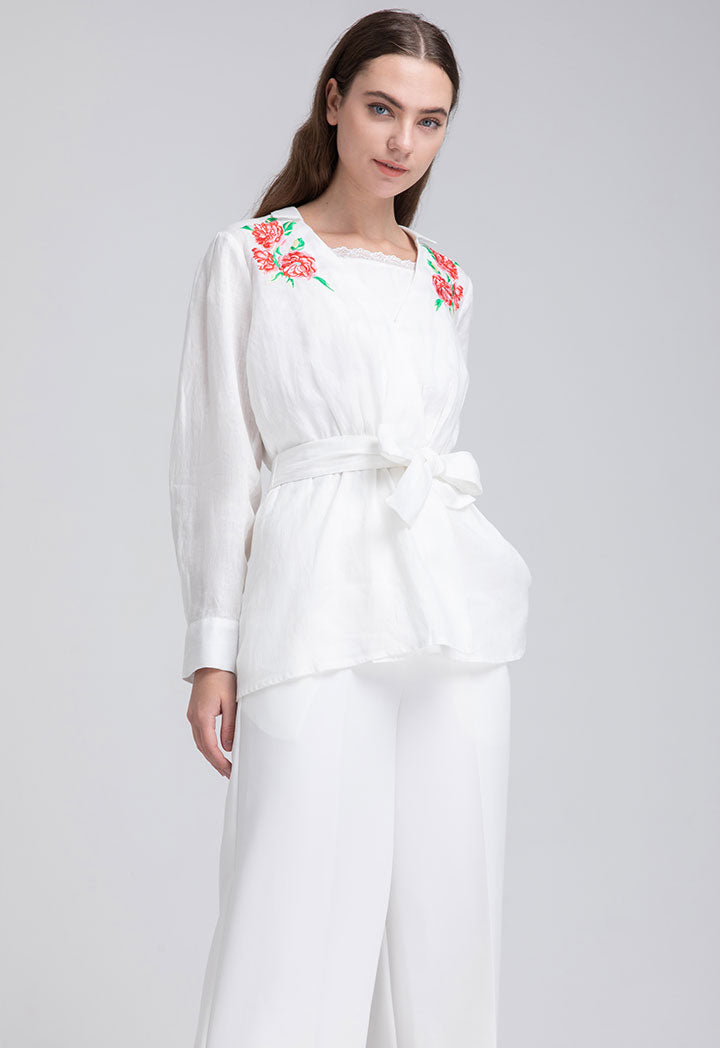 Embroidered Motif Linen Blouse