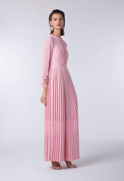 Lace Trim Pleats Maxi Dress