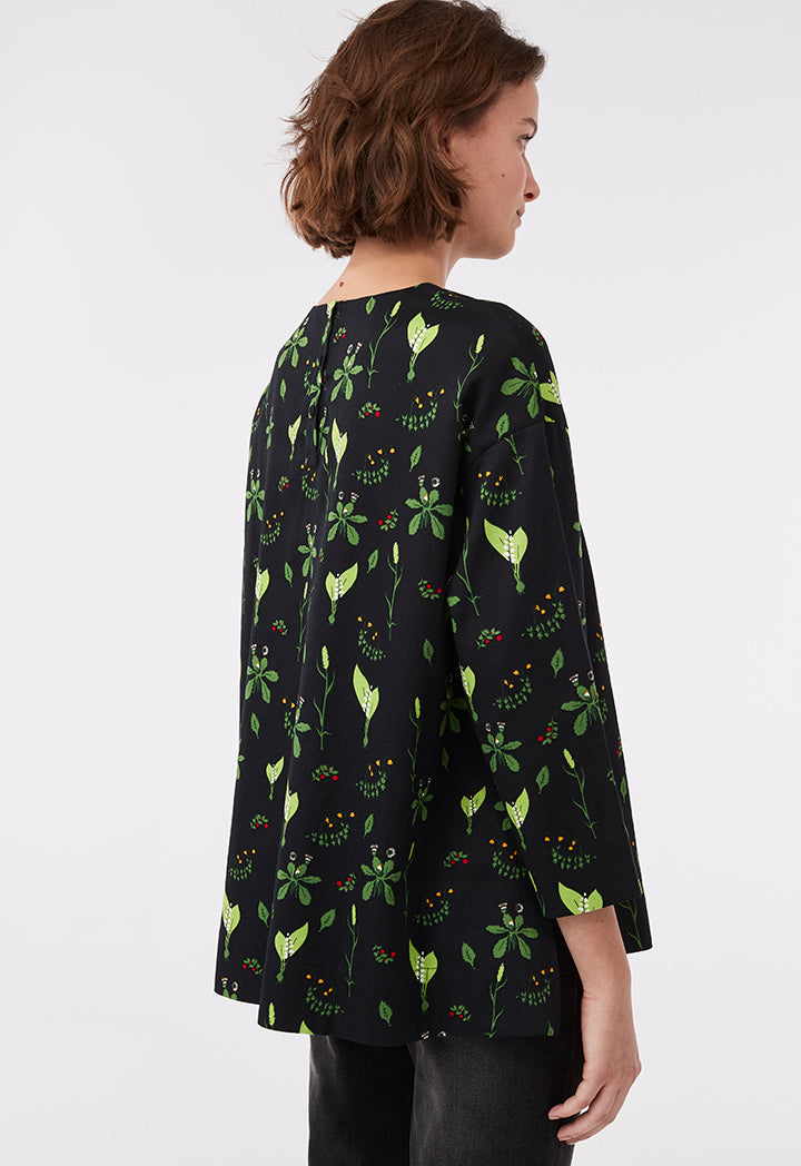 Black Floral Blouse With Slits