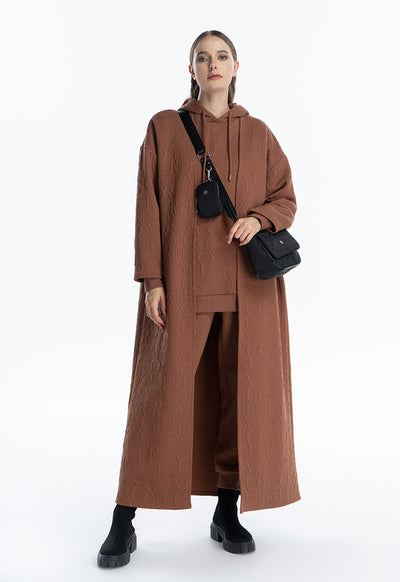 Letter Textured Solid Maxi Open Winter Bisht
