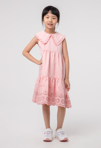 Embroider Stripe Ruffle Tiered Sleeveless Dress