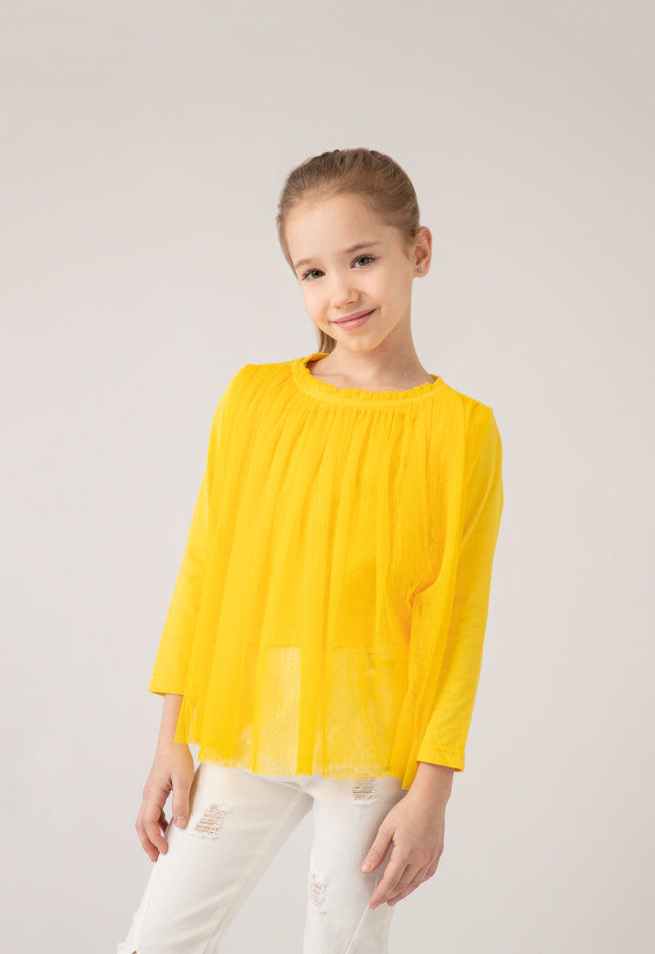 Ruffle Neckline Tulle Overlay Blouse