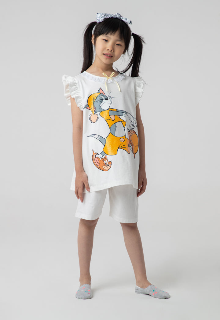 Tom & Jerry Frill Trim Graphic Print Blouse And Short Sets