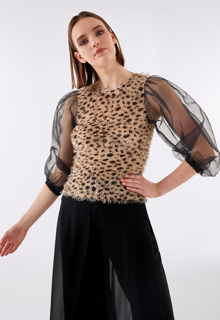 Organza Sleeve Leopard Print Blouse