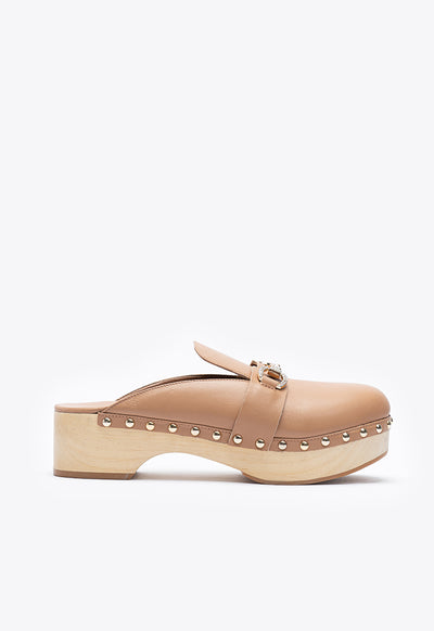 Studded Clogs With Low Wooden Heel