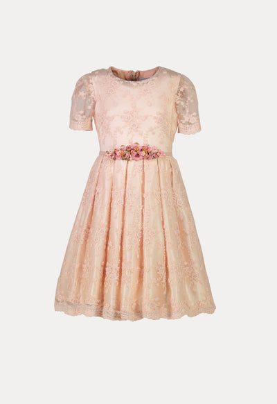 Powder Pink Lace Dress With Floral Waistband