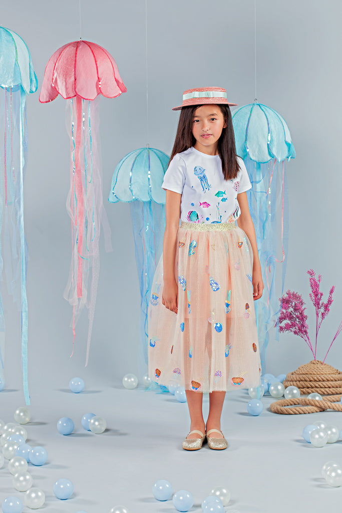 Underwater T-shirt With Swarovski Crystals            Ecru Tulle Jellyfish Embroidery Skirt