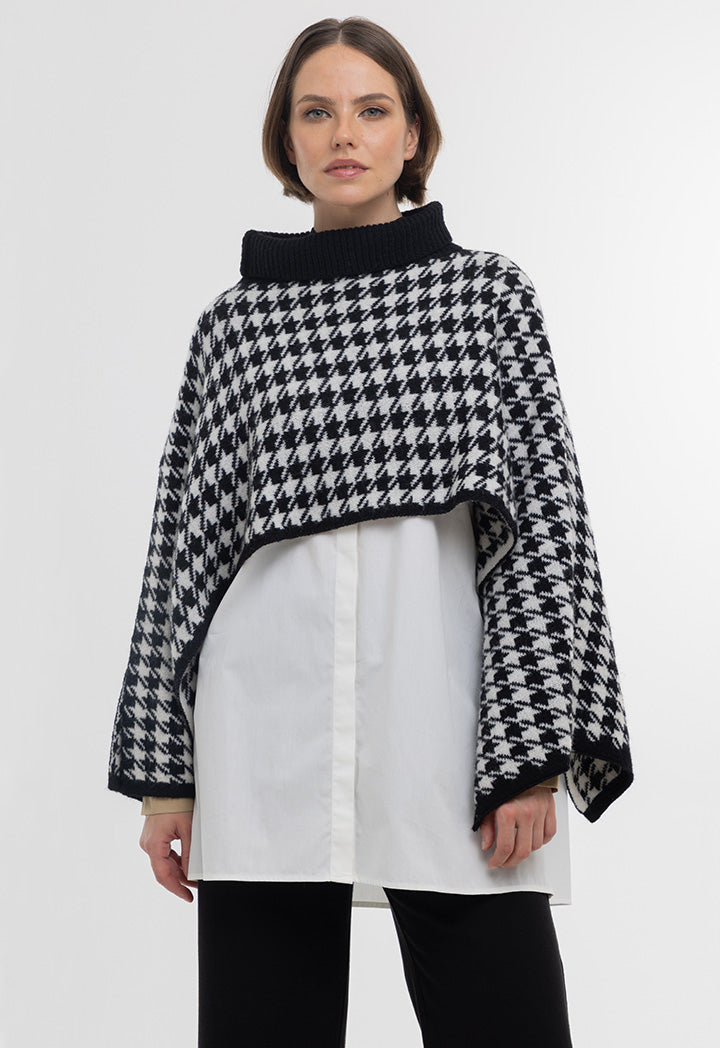 Houndstooth Pattern Ribbed High Neckline Winter Poncho
