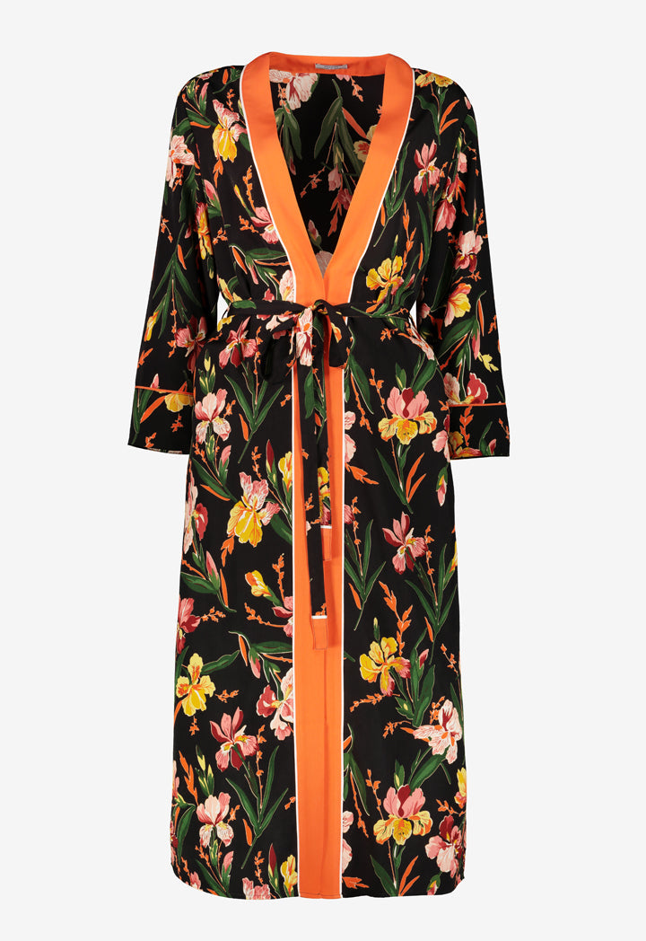 Printed Long Kimono With Contrast Tape