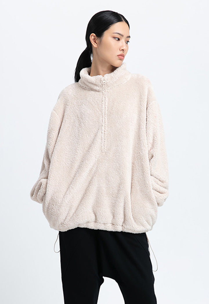 Oversized Hem Drawstring Faux Fur Blouse
