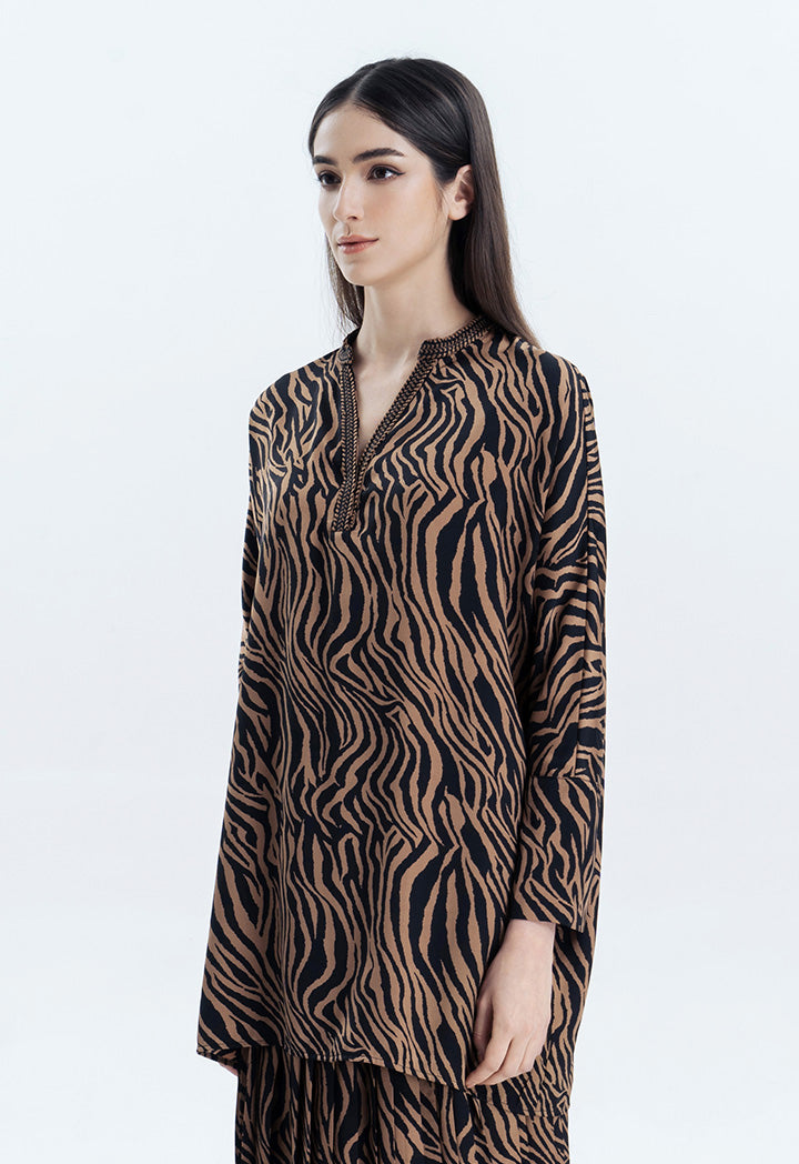 Embroidered Neck Zebra Printed Blouse