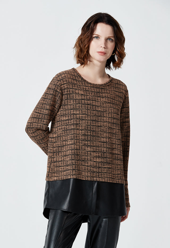 PU Hem Contrast Tweed Blouse