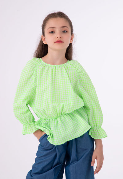 Seersucker Check Raglan Sleeve Blouse