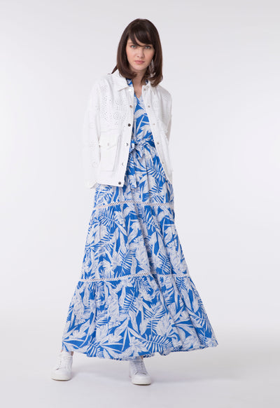 Blue Leaf Print Maxi Dress