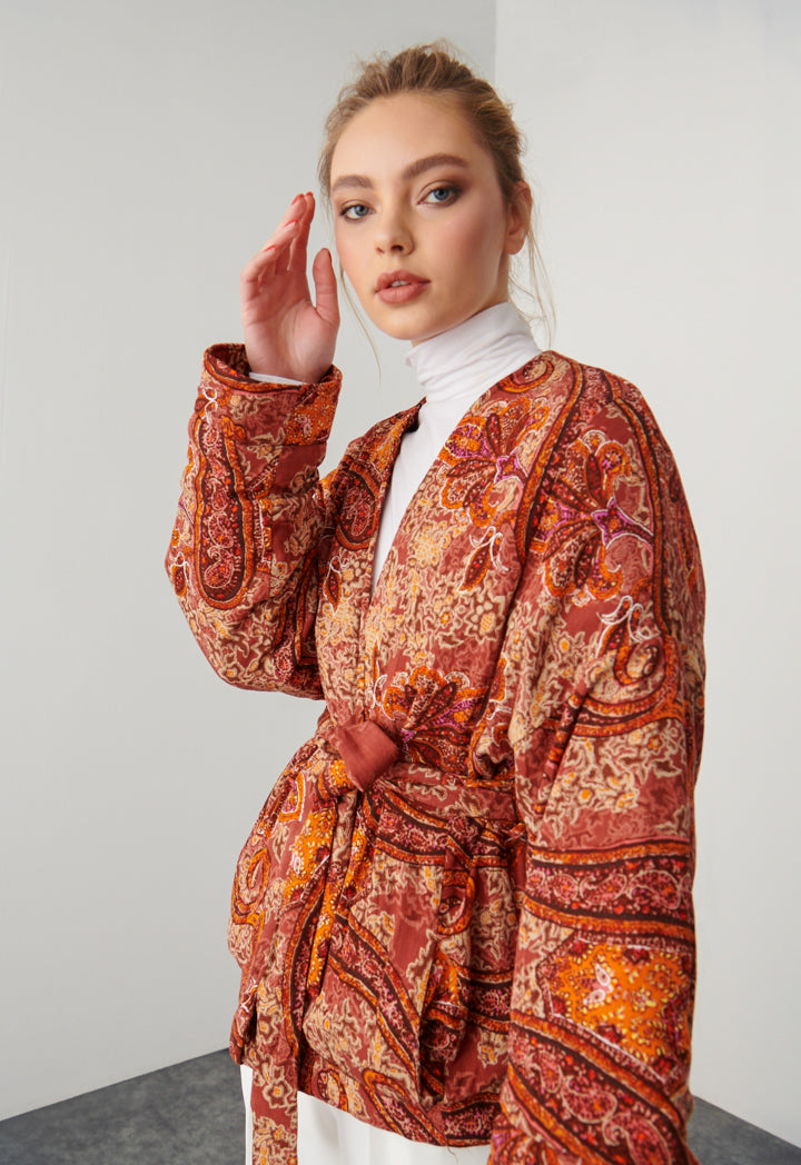 Multicolored Short Kimono With Belt