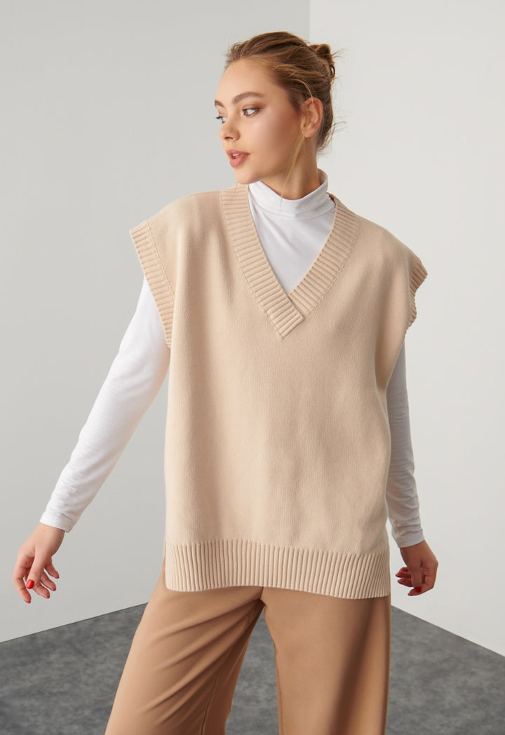 V Neck Ribbed Knitted Vest Free Size