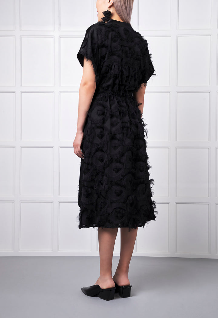 Black Feather Details High Low Dress