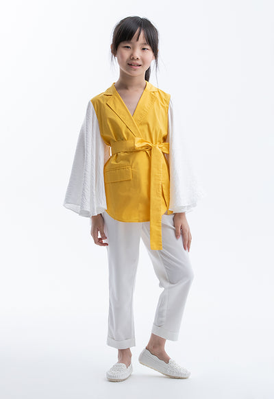 Ruffled Sleeves Collared Open Blouse with Belt