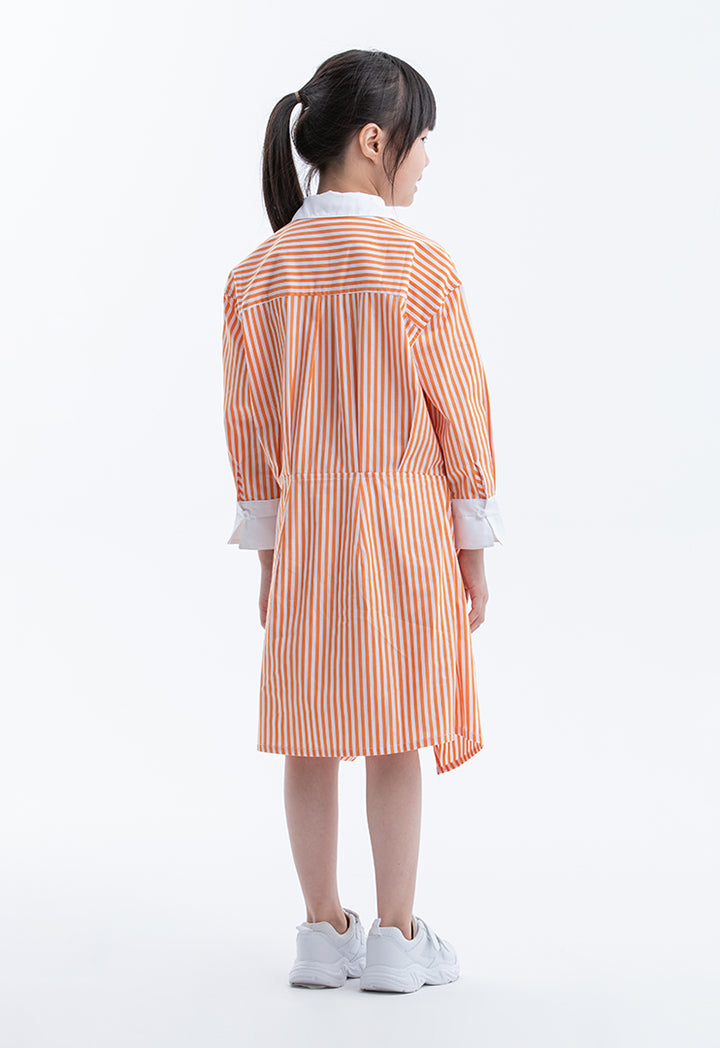 Striped Sleeved Collared Wrap Shirt Dress