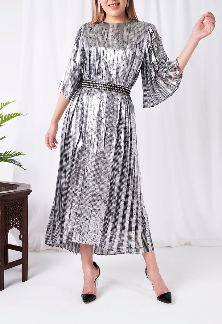 Plaid Metallic Pleated Dress